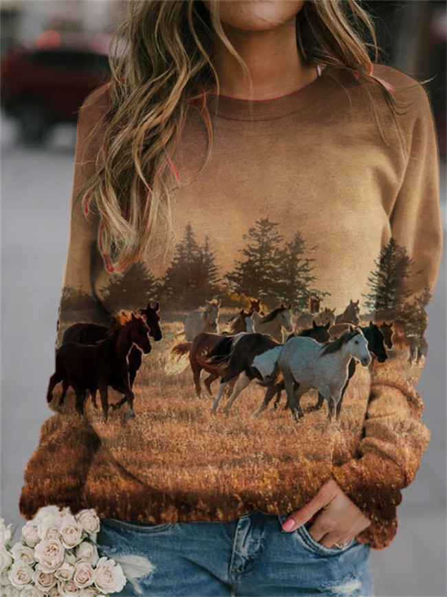 Western Running Horses Scene Print Sweatshirt