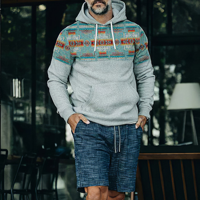 Western Style Gray And Blue Print Hoodie