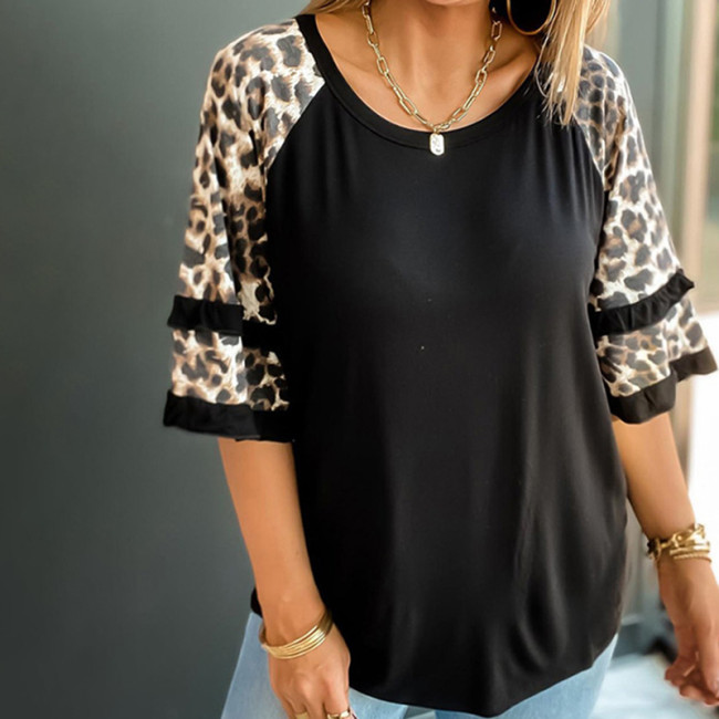 Casual Leopard Print Ruffle Short Sleeve T-Shirt