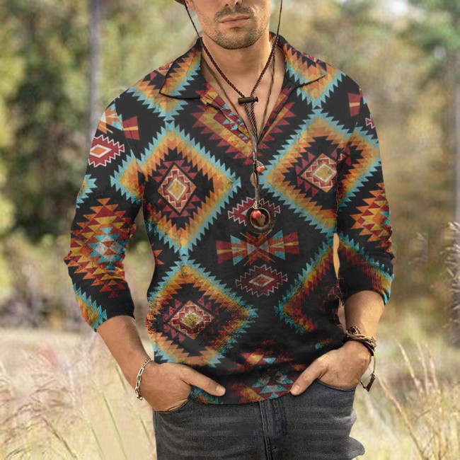 Men's Ethnic Print Long Sleeve Polo Shirt