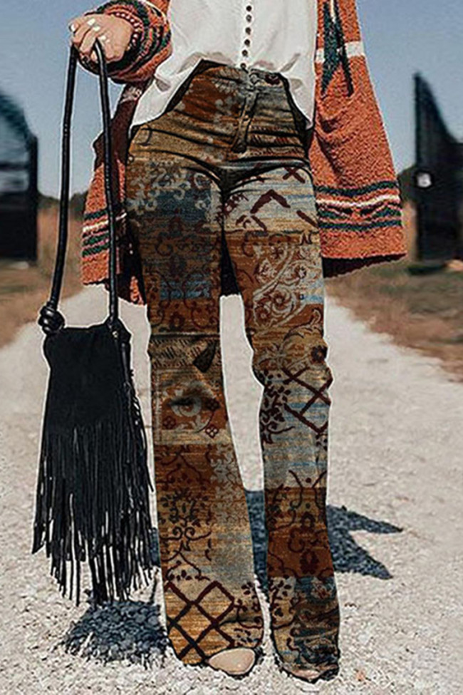 Vintage Western Totem Print Faux Denim Flared Pants