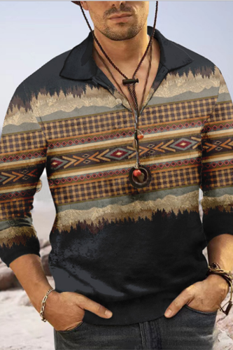 Ethnic Style Casual Long Sleeve Polo Shirt