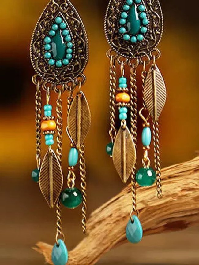 Vintage Ethnic Tassel Leaf Earrings