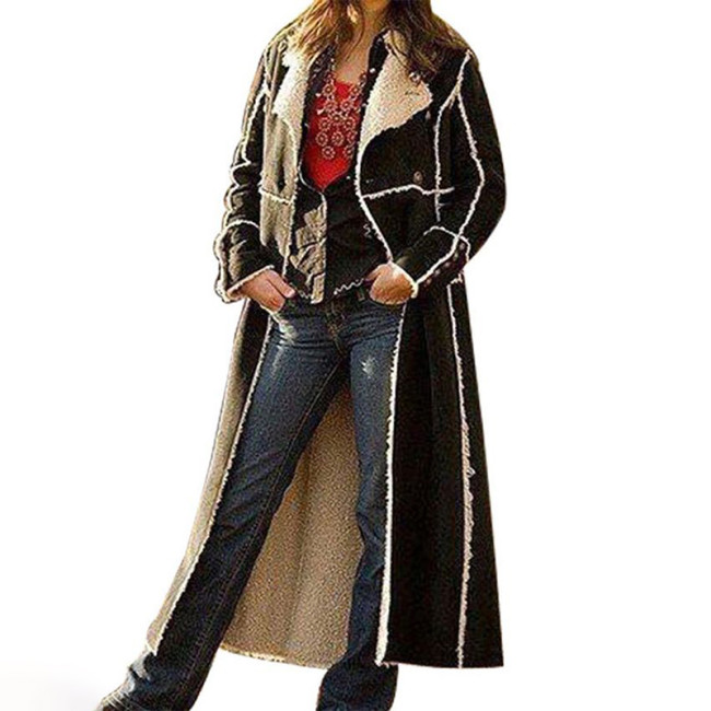 Lapel Long Plush Patchwork Trench Coat