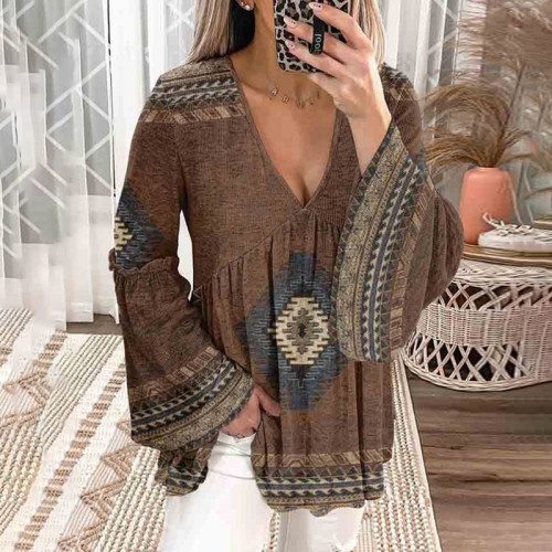 Vintage V-Neck Flared Sleeve Casual Western Print Blouse