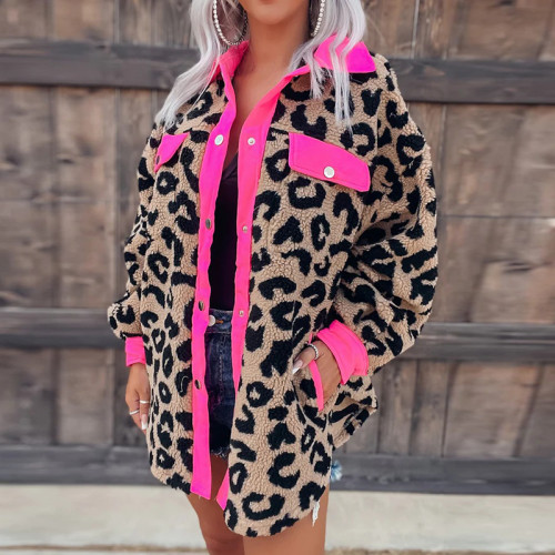Casual Oversized Leopard Print Plush Button Up Coat