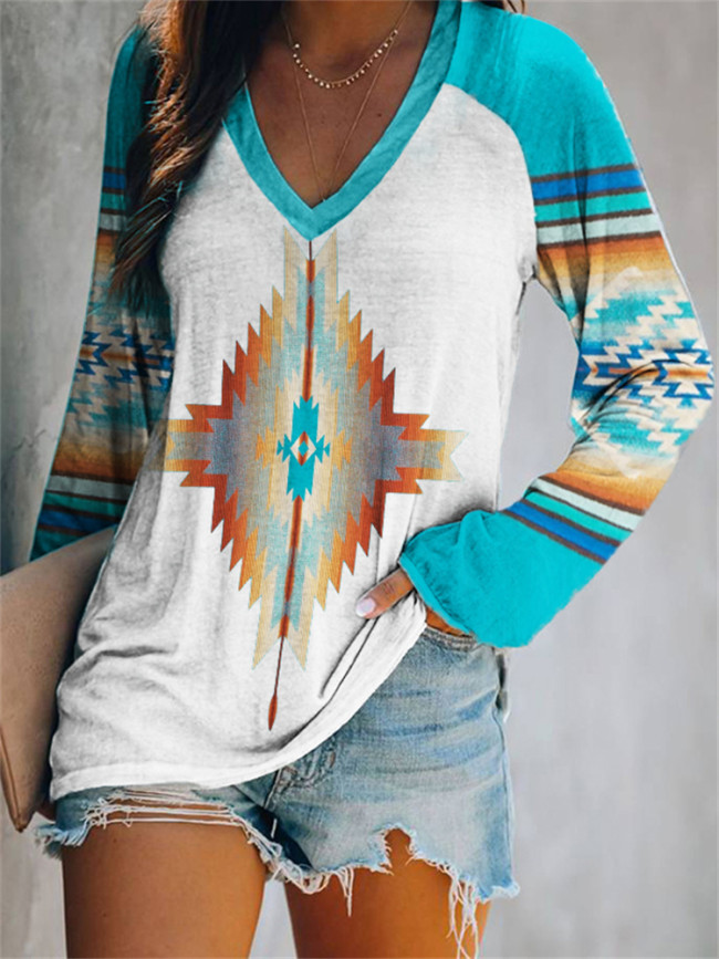 Western Aztec Pattern Patchwork V Neck T Shirt