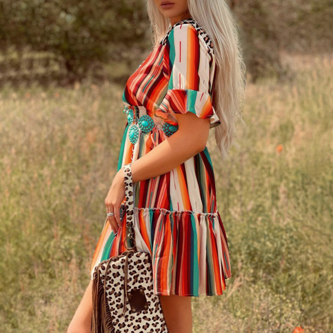 Leopard-Paneled Striped-Print Mini Dress