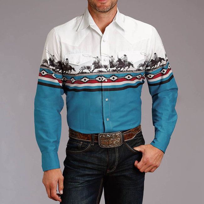 Western Blue And White Contrast Horse Shirt
