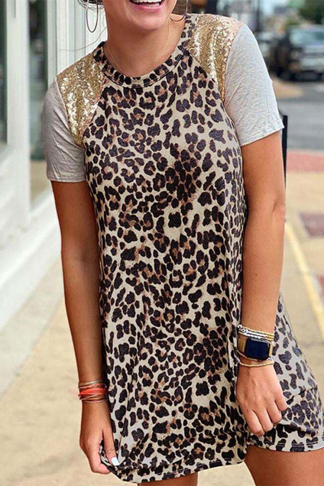 Leopard-Print Paneled Sequined Mini Dress
