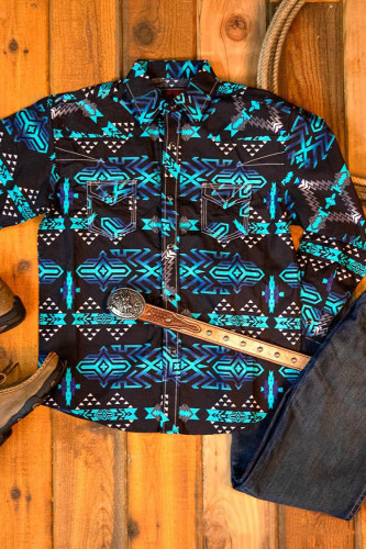 Blue And Black Geometry Western Print Shirt