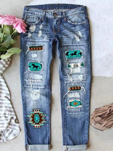 Vintage Ethnic Print Straight Jeans
