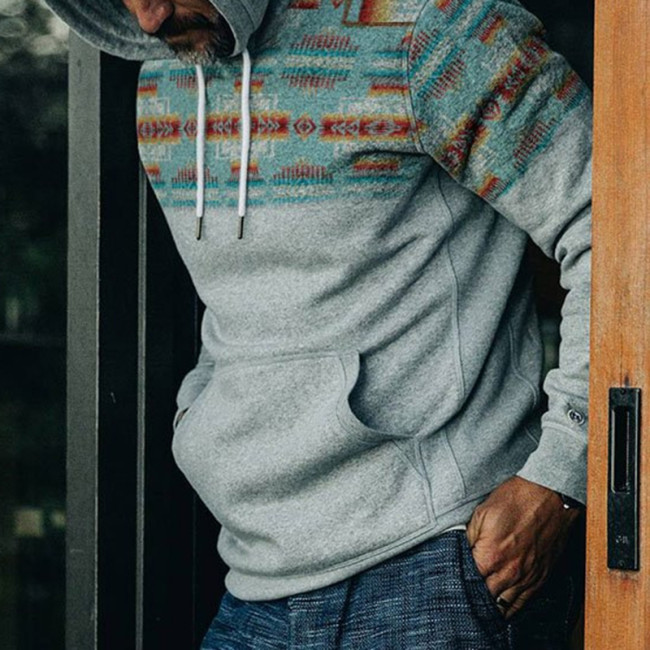 Western Style Gray And Blue Print Hoodie