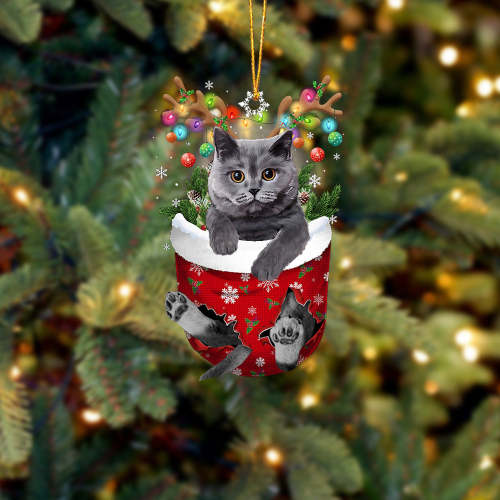 British Grey Cat In Snow Pocket Christmas Ornament