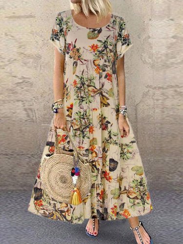 Women's Fashion Vintage Print Sleeveless Round Neck Dress