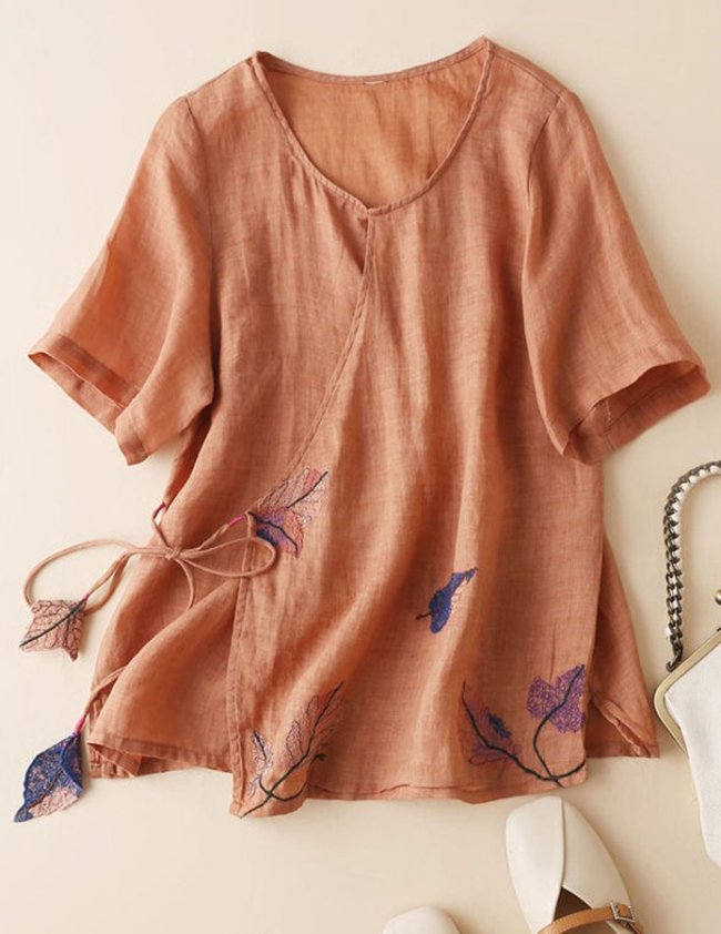 Women's Vintage Embroidery Lace Up Cotton Linen Shirt