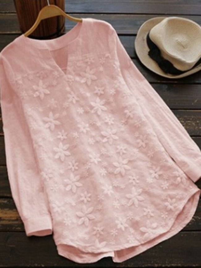 Women's lace embroidered cotton and linen long-sleeved shirt