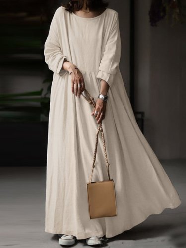 Women's Round Neck Long Sleeve Cotton Linen Dress