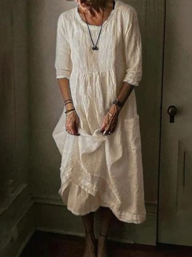 Women's Casual Round Neck Linen Solid Long Dress
