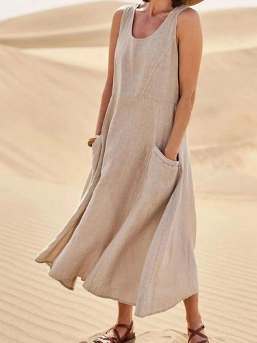 Women's Casual Pure Color Sleeveless Cotton Dress
