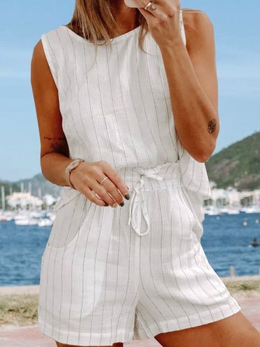 Women's Casual Striped Cotton Linen Shorts Set