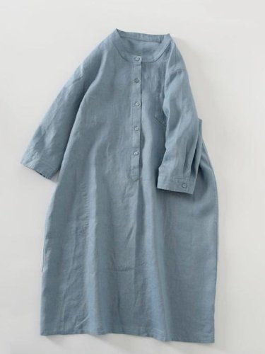 Women's Solid Color Medium Sleeve Cotton Linen Shirt Skirt