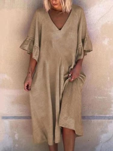 Women's Cotton Linen V-Neck Ruffled Three-quarter Sleeve Midi Dress
