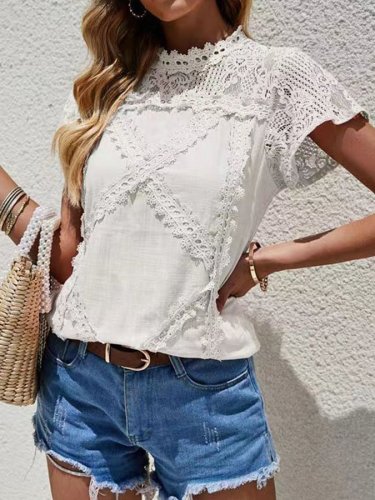 Solid Color Lace Short Sleeve T-Shirt