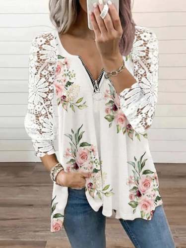 Floral Casual V-Neck Lace Long Sleeve T-Shirt