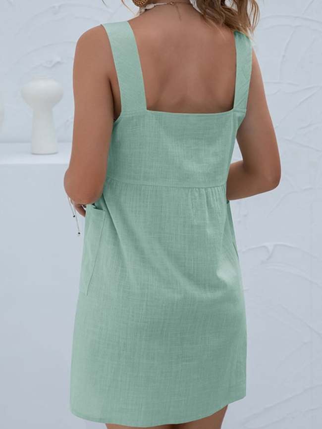 Women's Cotton Linen Casual Solid Colour Pocket Buckle Square Collar Strap Dress