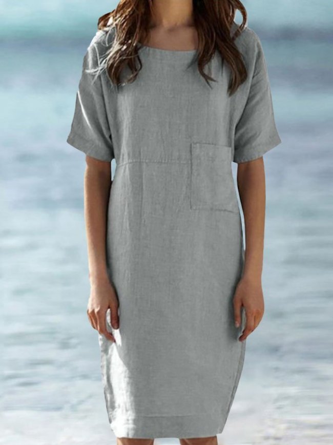 Casual Solid Color Cotton And Linen Dress