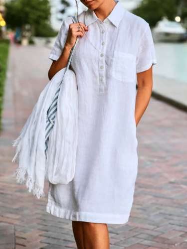 Casual Solid Color Linen Short Sleeve Dress