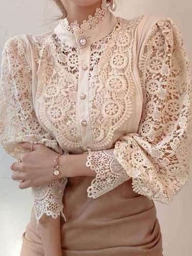 Casual Lace Solid Color Long Sleeve Shirt