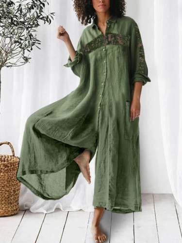 Shirt Collar And Lace Solid Color Cotton And Linen Jumpsuit