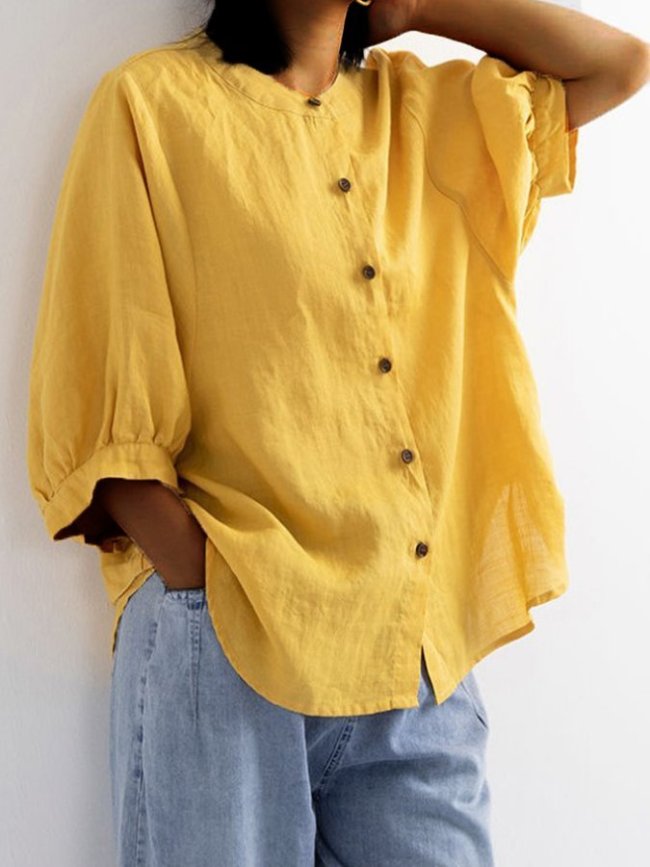 Women's Solid Color Lantern Sleeve Retro Loose Medium Sleeve Cotton Linen Shirt