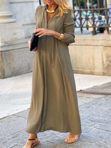 Solid Color Lapel Long Sleeve Simple Casual Long Shirt Dress