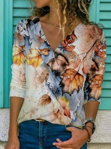 Women's Autumn Leaves Print V-Neck Long Sleeve T-Shirt