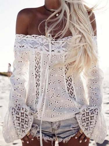 Women's Lace Stitching One-shoulder Flared-sleeve Top
