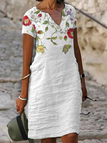 Floral Print V-Neck Short Sleeve Casual Dress