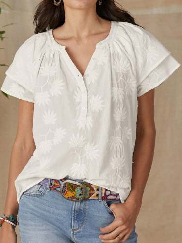 V Neck Casual Floral Cotton Linen Tops