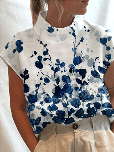Gradient Floral Print Turtleneck Casual Shirt