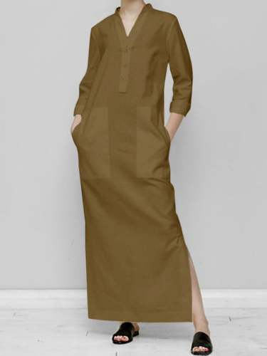 Women's Cotton Linen V-Neck Casual Long Dress