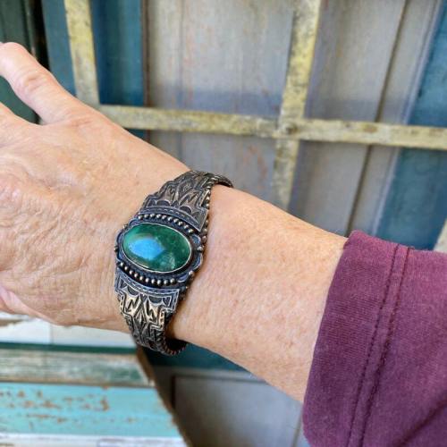Navajo Sterling Silver Cuff With Bi-Colored Green Turquoise