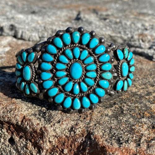 Zuni Pawn Sunburst Bracelet in Turquoise and Sterling Silver with Provenance