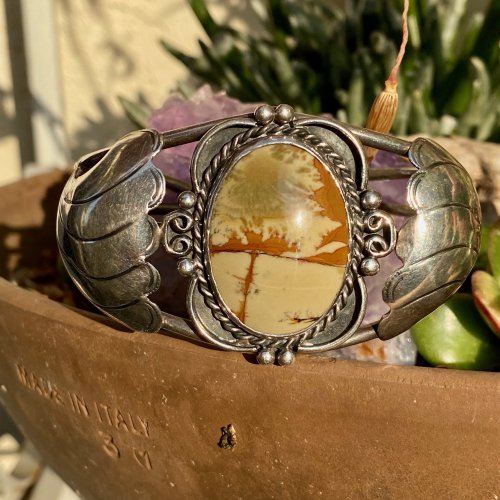 Navajo Sterling Silver Cuff Bracelet with Holy Cross Landscape Agate Stone
