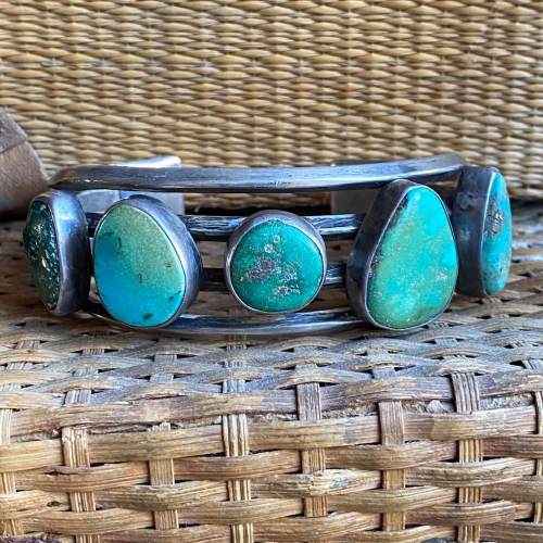 Early Navajo Cuff Bracelet with Bi-Colored Natural Turquoise Sterling