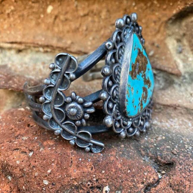Lacy Navajo Cuff Bracelet with Pilot Mountain Turquoise