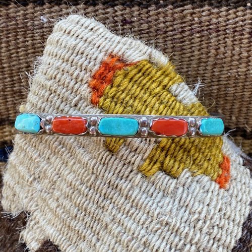 Zuni Turquoise and Coral Row Bracelet Sterling Silver