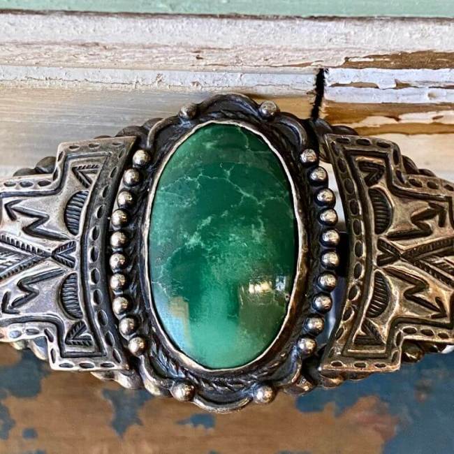 Navajo Sterling Silver Cuff With Bi-Colored Green Turquoise