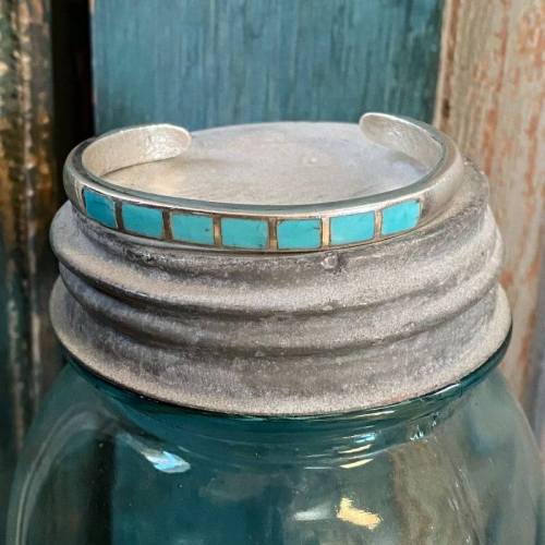 Sand Cast Zuni Sterling Silver Cuff Bracelet with Inlay Turquoise